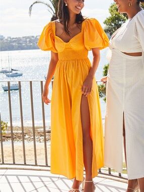 Showpo Yellow Puff-Sleeve Maxi Dress with High Side Slit